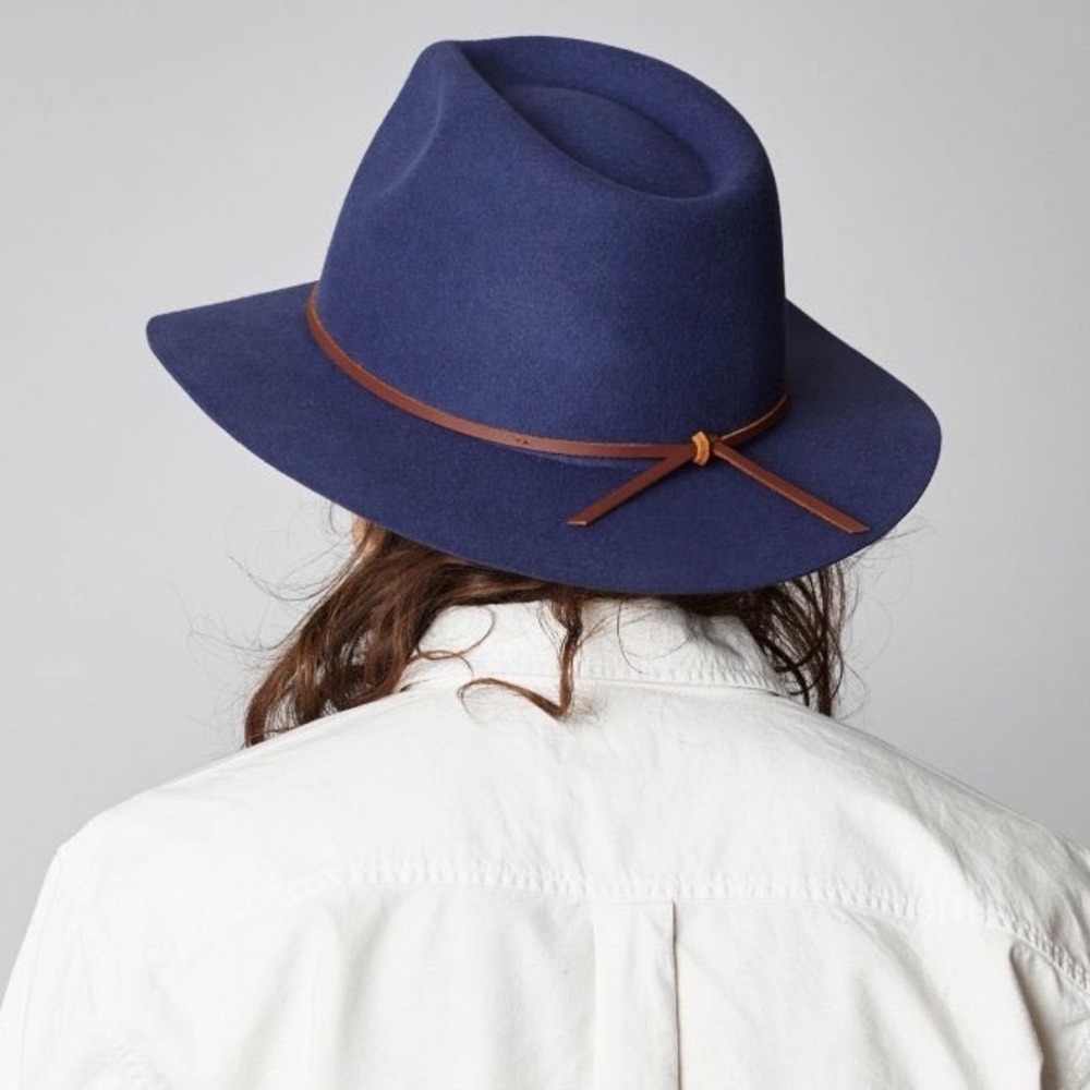 Brixton Wesley Navy Blue Felt Wide Brim Fedora Hat Leather Band Size XS 6 3/4‎
